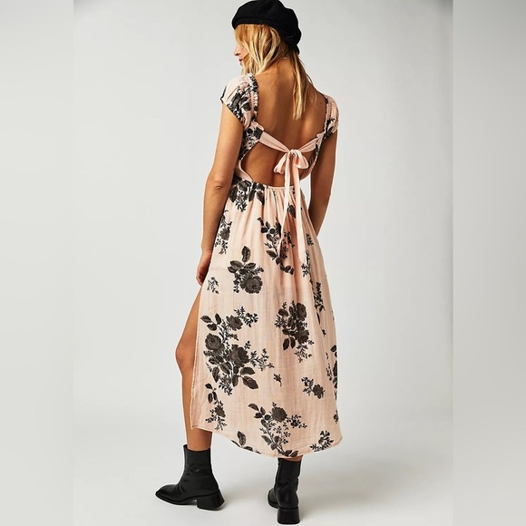 Free People Dresses & Skirts - Free People ‘Forget Me Not’ Gauze Cotton Midi Dress in Peach Pink & Black, Small